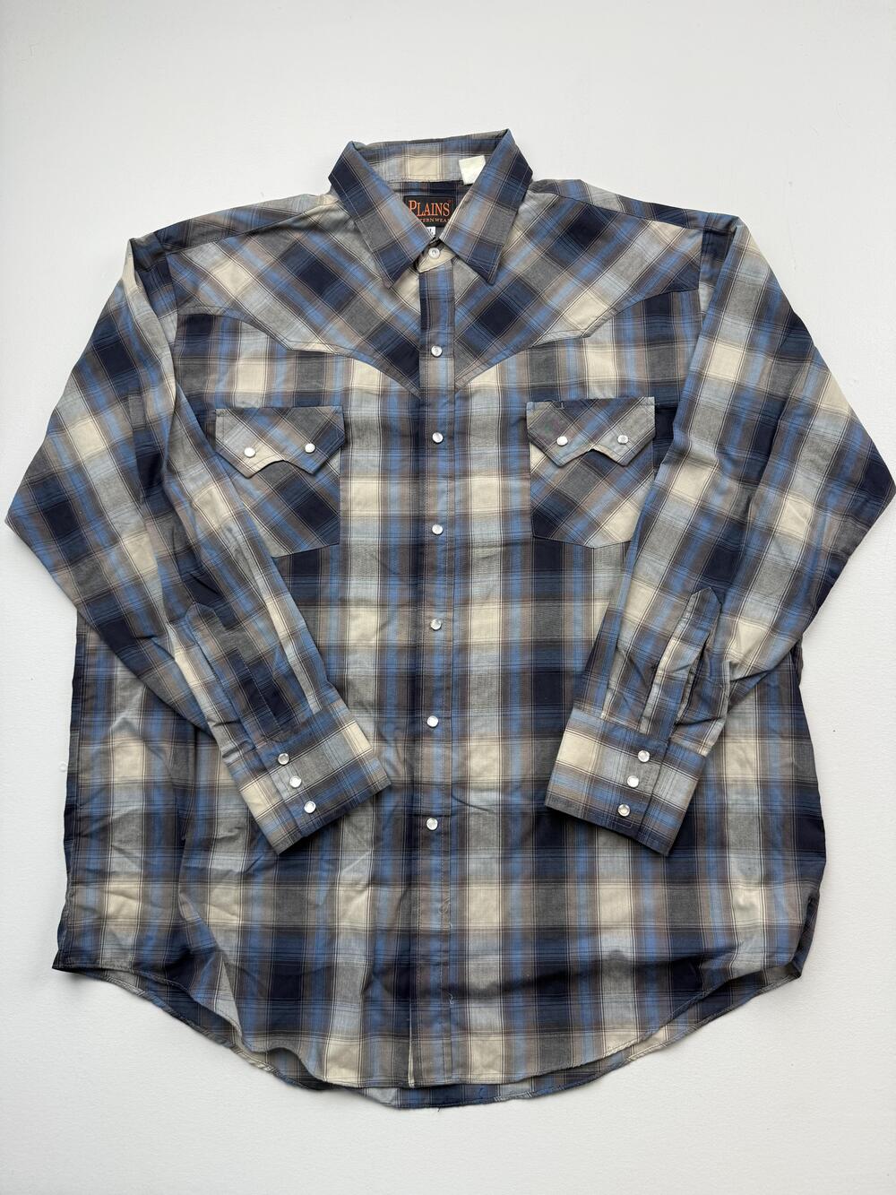 Plains Shirt Mens XL Blue Plaid Long Sleeve Western Snap Button Cowboy Casual